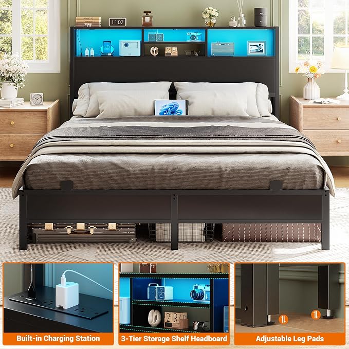 Aheaplus Headboard for Full Size Bed with Storage, Headboards with Outlets | Full Size Head Board Only, with USB Ports and LED Light, Height Adjustable, Reversible, Sturdy & Stable Headboard, Black