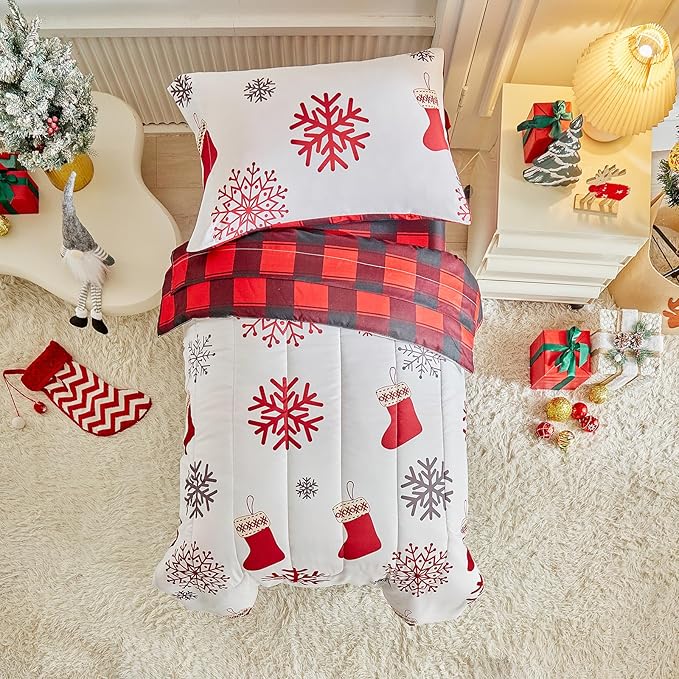 Christmas Toddler Bedding Set for Boys Girls Red White Sock Colorful Holiday 4PC Toddler Bed Set - Cute Toddler White Bed in a Bag with Gray Red Snowflake