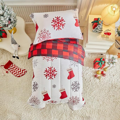 Christmas Toddler Bedding Set for Boys Girls Red White Sock Colorful Holiday 4PC Toddler Bed Set - Cute Toddler White Bed in a Bag with Gray Red Snowflake
