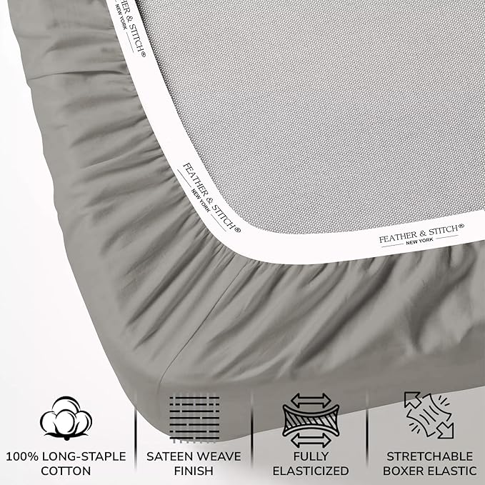 Feather & Stitch 500 TC Full Size 4pc Damask Bed Sheet Set, 100% Soft Cotton Breathable Bedsheets, 18" Deep Pockets Sateen Weave Striped Bedding Mattress Resort Hotel Luxury Decor - (Ash Grey)