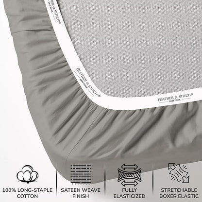 Feather & Stitch 500 TC Queen Size 4pc Damask Bed Sheet Set, 100% Soft Cotton Breathable Bedsheets, 18" Deep Pockets Sateen Weave Striped Bedding Mattress Resort Hotel Luxury Decor - (Ash Grey)