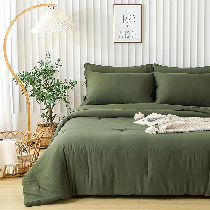 COTTEBED Ultra-Soft Twin Comforter Set with Sheets - 5 Pieces Bed in a Bag Twin Down Comforter & Bedding Sheet Sets, Lightweight Boho Washed Polycotton for Kids Boy Girls All Season, Dark Olive Green
