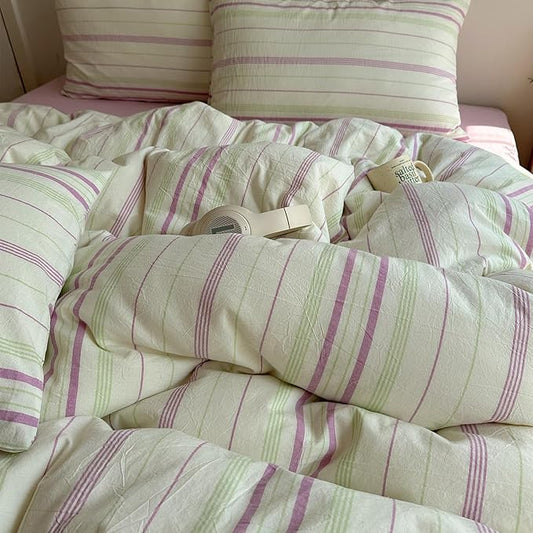 EAVD Vintage Striped Comforter Set Twin XL Soft Cotton Retro Purple&Green Vertical Striped Bedding Set with 2 Pillowcases Boho Geometric Pattern Comforter Set for All-Season Breathable Lightweight