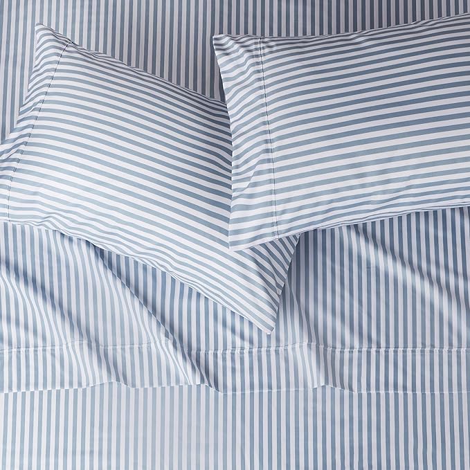 Amazon Basics Lightweight Breathable Super Soft Microfiber 4 Piece Bed Sheet Set, Wrinkle Resistant With 14-inch Deep Pockets - Queen, Dusty Blue Pinstripe, Printed