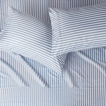 Amazon Basics Lightweight Breathable Super Soft Microfiber 4 Piece Bed Sheet Set, Wrinkle Resistant With 14-inch Deep Pockets - Queen, Dusty Blue Pinstripe, Printed