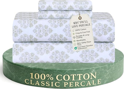 Feather & Stitch Softest 100% Cotton Sheets, 300 Thread Count Percale Weave Bedding, 16" Deep Pocket, Cooling Sheets, Breathable Bed Set, Hotel Premium Quality (Queen, Royal Aura)