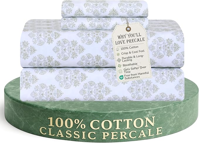 Feather & Stitch Softest 100% Cotton Sheets, 300 Thread Count Percale Weave Bedding, 16" Deep Pocket, Cooling Sheets, Breathable Bed Set, Hotel Premium Quality (Full, Royal Aura)