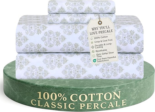 Feather & Stitch Softest 100% Cotton Sheets, 300 Thread Count Percale Weave Bedding, 16" Deep Pocket, Cooling Sheets, Breathable Bed Set, Hotel Premium Quality (King, Royal Aura)