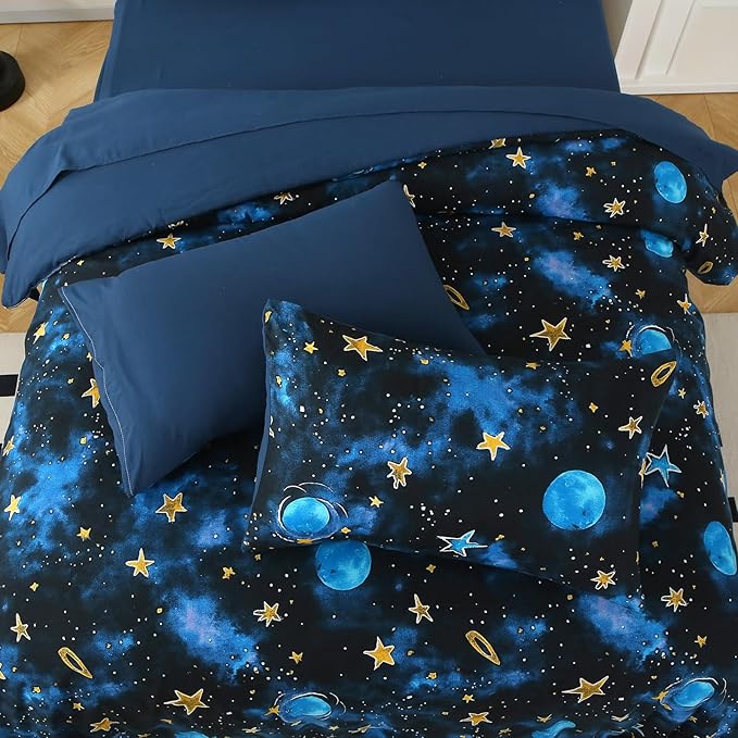 Glow in The Dark Kids Comforter Set, 7 Pieces Blue Space Bedding Set Full Size for Boys Girls Teen, 1 Comforter, 2 Pillowcases, 2 Pillow Shams, 1 Flat Sheet, 1 Fitted Sheet