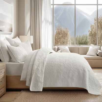 EVERGRACE 100% Cotton Paisley Quilt Set, Queen Size 3 Piece Set – Prewashed Lightweight Bedspread with 2 Shams, Soft & Breathable Matelasse Coverlet for All-Season Comfort, Bright White