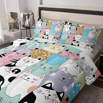 Twin Cat Comforter Set for Girls - Kawaii Cute Bedding Set with Cat Room Decor