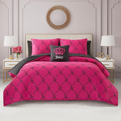 Juicy Couture Hot Pink/Black Link Logo Printed Comforter Set, Twin – Complete 6-Piece Bed in a Bag Collection