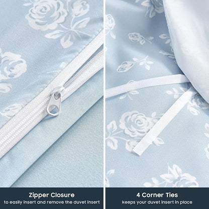 Wake In Cloud - Coquette Duvet Cover Set, Floral Cottagecore Flower Shabby Chic Cute Aesthetic, Soft Lightweight Bedding for Women Teen Girls, 3-Piece, Light Blue, Full Size