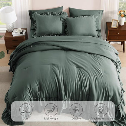 King Size Comforter Set Forest Green, Ruffle Shabby Chic Bedding Set Farmhouse 7 Pieces, All Season Fluffy Bed in a Bag with Sheets, Pillowcases & Shams