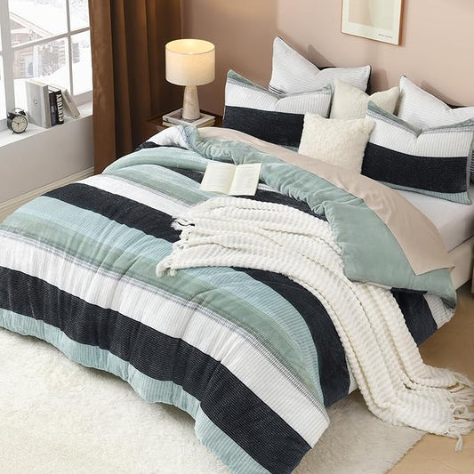 Litanika Fluffy Fleece Twin Comforter Set, Luxury Soft Plush Fuzzy Sage Green Stripe Bedding Comforter Sets, Warm Shaggy Faux Fur Bed Set All Season (1 Comforter, 1 Pillowcase)
