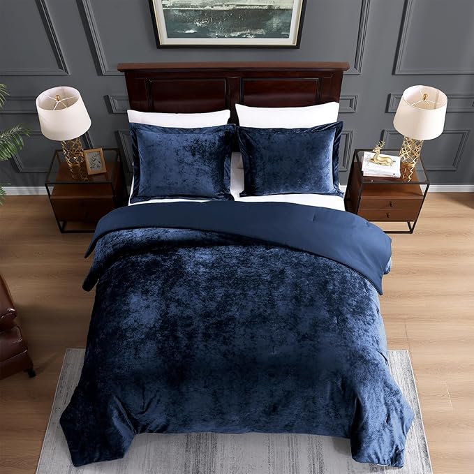 TAMGHO Navy Blue Velvet Comforter King Set 3pc, Blue Velvet Bedding King Size for All Seasons, 1 Comforter (108"x96") and 2 Pillow Shams (20"x36")