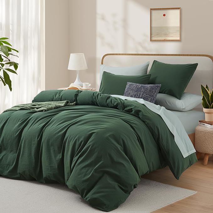 LOVQUE 100% Washed Cotton Duvet Cover Set King Size, Linen Like Natural Bedding Set with Zipper Closure (No Comforter), 104x90 Inches, Forest Green