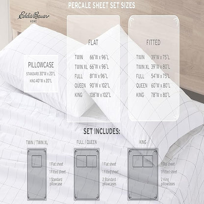 Eddie Bauer - Twin XL Sheet Set, Cotton Percale Bed Sheets, Crisp & Cool, Ideal Dorm Essentials (Fishing Flies White, Twin XL)