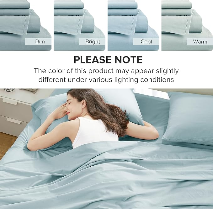 Comfort Spaces 100% Cotton Sheets Twin, Breathable, Soft Cotton Sheets, Naturally Cool Cotton Bed Sheets with 12" Elastic Pocket Fits up to 14" Mattress, All Season Sheet Set, Twin Light Blue 3 Piece
