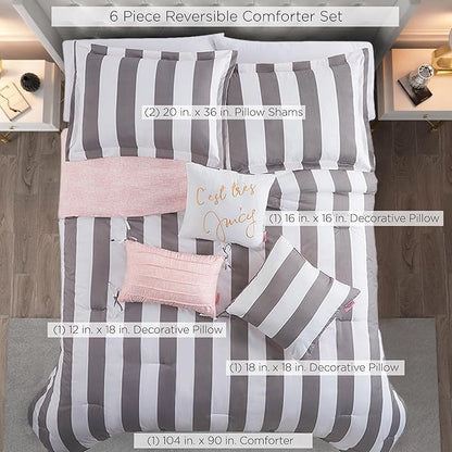 Juicy Couture Cabana Stripe Reversible Bedding Set - King Size - Grey and White Stripe Print – 6 Piece Set – Includes 1 104" x 90" Comforter, 3 Decorative Pillows, 2 Shams
