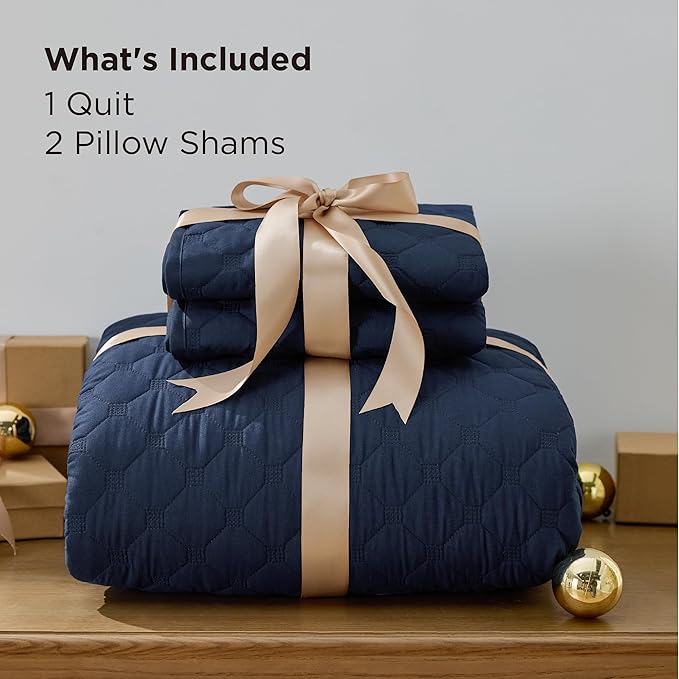 Bedsure Quilts Queen Size - Lightweight Bedspreads Queen Size with Classic Honeycomb Quilting, Soft Quilt Bedding Set, Navy Comforter Set Coverlet for All Seasons with 2 Pillow Shams (90" x 96") | Skin-Friendly Soft, All-Season Comfort, Breathable, Lig...