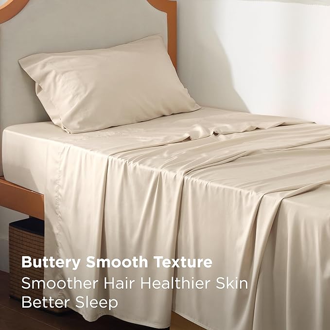 Bedsure Cooling Sheets Twin XL, Rayon Derived from Bamboo, PureWoven, Breathable & Soft Twin XL Sheet Sets, Deep Pocket Up to 16 Inches, Hotel Luxury Silky Dorm Bedding for Hot Sleepers, Beige