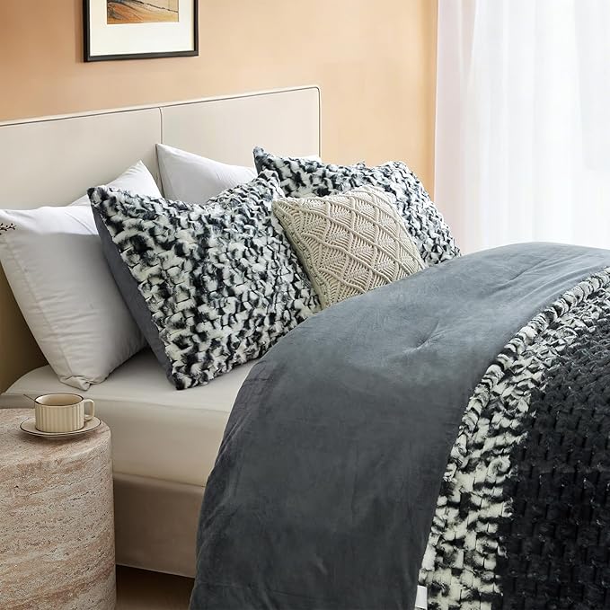 Petrichor Fluffy Queen Comforter Set - Black and White Striped Faux Fur Blanket for Queen Bed, Ultra-Soft Warm Bedding for Winter & Fall, Cozy 3 Piece Bed Set (1 Comforter & 2 Pillowcases)