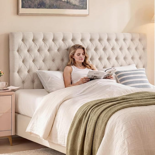 Upholstered Queen Headboard Only, Premium Linen Button Tufted Headboards, Adjustable Solid Wood Head Board, Padded Headboard with Solid Wood Legs in Bedroom (Beige)