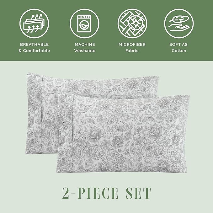Elegant Comfort Ultra Soft Set of 2 Floral Print Pillowcases - 1500 Premium Hotel Quality Microfiber, Soft and Smooth Envelope Closure 2-Piece Pillow Covers - Standard/Queen, Paisley Gray