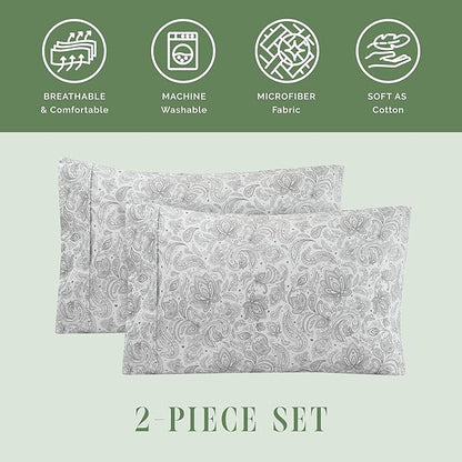 Elegant Comfort Ultra Soft Set of 2 Floral Print Pillowcases - 1500 Premium Hotel Quality Microfiber, Soft and Smooth Envelope Closure 2-Piece Pillow Covers - King, Paisley Gray