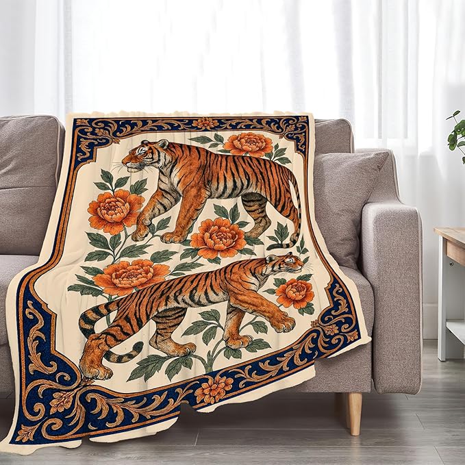 Tiger Blanket Super Soft Warm Fluffy Fleece Flannel Asian Oriental Animal Throw Blanket Cozy Fuzzy Plush Stuff Bedding Blankets Gifts for Women Kids Boys Girls Adults 50"X40"