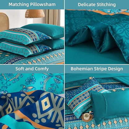 Comforter Set King Size Boho,7 Pieces Bohemian Bedding Comforter Set Striped Bed in a Bag,Turquoise Blue Paisley Floral Comfortet and Sheet Set,Soft Microfiber Bedding Sets for All Season