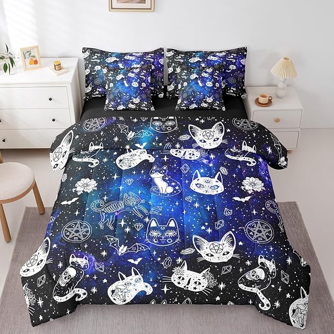 Gothic Cat Skull Comforter Set 7 Pieces Queen Size,Blue Galaxy Starry Bedding Set for Kids,Boho Constellation (Comforter+Fitted+Flat Sheet+2 Pillowcases+2 Throw Pillow Covers)