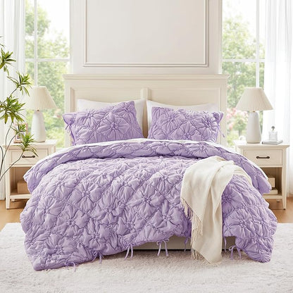 Intelligent Design King Comforter Set – Purple Lily Puffy Floral Shabby Chic Boho Bedding Comforter Set, Pinch Pleat Bedding Sets, Ultra-Soft, Lightweight & All-Season, King/Cal K