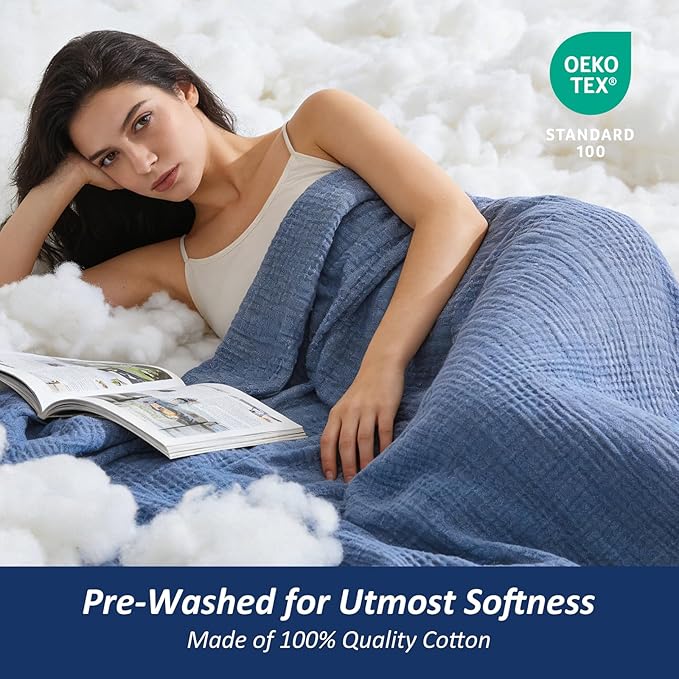 EMME Cotton Muslin Large Throw Blanket Couch Breathable Gauze Soft Lightweight Bed Blankets Adults (Heather Navy, 50"x70")