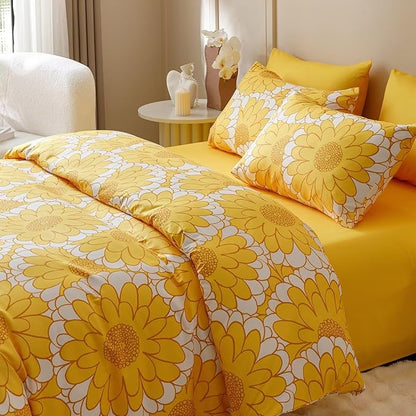 Houseri Yellow Floral Comforter Set King 3 Piece Yellow Sunflower Bedding King Size Lightweight Modern White and Yellow Botanical Bed Set Soft Comfy Quilt Blanket King