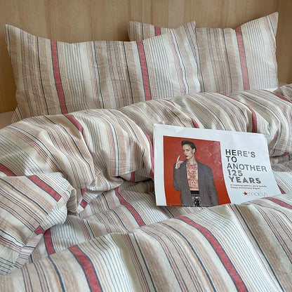 EAVD Geometric Striped Duvet Cover King 100% Washed Cotton Multi-Color Pinstriped Bedding Set with 2 Pillowcases Modern Farmhouse Geometric Pattern Duvet Cover with Zipper Closure