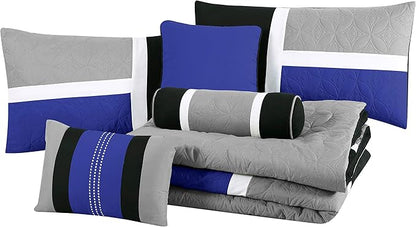 Chezmoi Collection Upland 7-Piece Quilted Patchwork Comforter Set, Blue/Black/Gray, California King