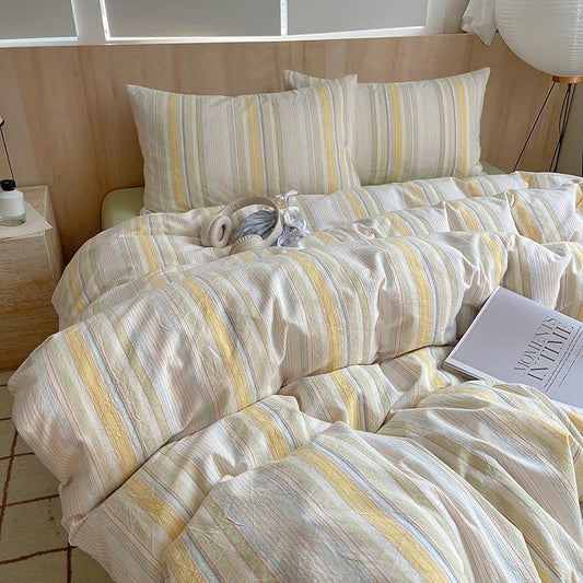 EAVD Retro Striped Duvet Cover King Soft Washed Cotton Bedding Set with 2 Pillowcases Reversible Colorful Pinstriped Bedding Set Modern Farmhouse Geometric Duvet Cover with Zipper Closure