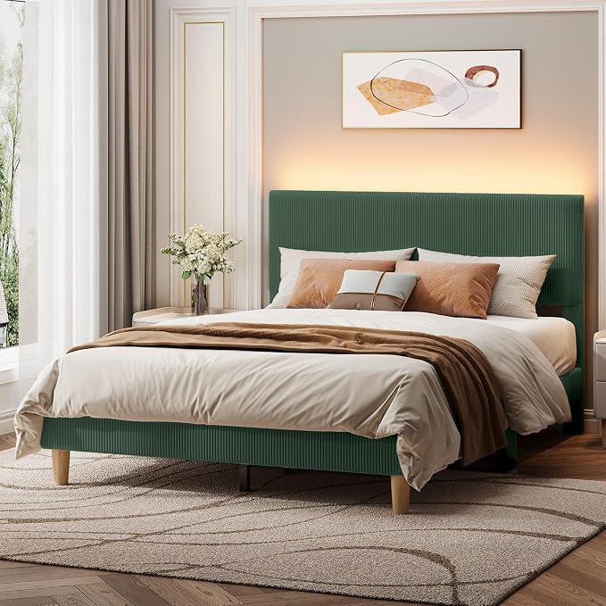 Bestier Queen Platform Bed Frame with Headboard LED Light,Upholstered,Green | No Squeaks,Easy Assembly,LED Lighting Headboard,Vertical Channel Corduroy Upholstered,Wood Slats Support,No Box Spring Needed
