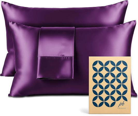 Pure Bedding Satin Pillowcase - Silky Pillow Cases for Hair and Skin - Satin Pillow Covers with Envelope Closure - Extra Soft Premium Microfiber - Pack of 2 - Queen Size (20"x30", Purple)