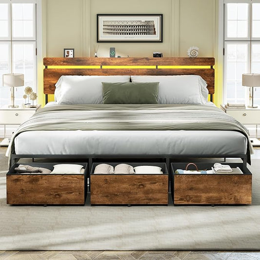 Forestell King Size Bed Frame with Wood Headboard,3 Storage Drawers & Shelf | Built-in Charging Station & LED Lights, Metal Support, No Box Spring Needed, noise-free, easy assembly, Smart RGB, USB+Type-C