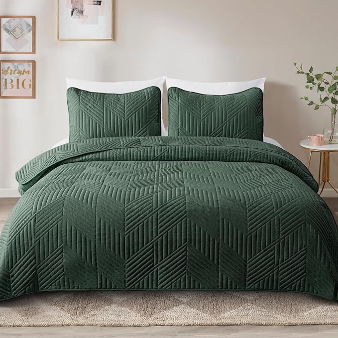 Exclusivo Mezcla Ultrasonic Full Queen Quilt Bedding Set, Lightweight Green Bedspreads Soft Modern Geometric Coverlet Set for All Seasons (1 Quilt and 2 Pillow Shams)
