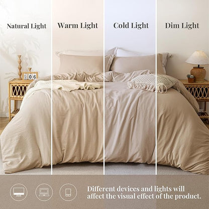 MILDLY Super Soft Duvet Cover - 100% Washed Microfiber Light Khaki Comforter Cover Set 3 Pieces with Zipper Closure & Corner Ties (No Comforter)