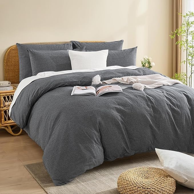 NEXHOME PRO Duvet Cover Queen 100% Washed Cotton, Organic Natural Linen Like Textured Breathable Durable Bedding Set Heather Black 9090