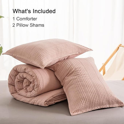 PHF Soft Waffle Comforter Set King Size- Comfy Breathable Waffle Weave Comforter with 2 Pillow Shams, 3 Pieces Less Snagging Lightweight Textured Bedding Set for All Season, Rose Pink