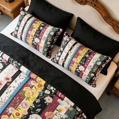 Vintage Black Floral King Size Bed in A Bag for Girls, 7Pcs Stripe Patchwork Comforter Set for Farmhouse Country Bedroom Decor, Black Botanical Quilted Bedding with 2 Pillowcases, 104"x90"
