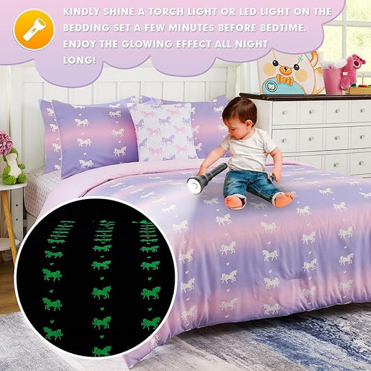 Cokouchyi Full Comforter Sets for Boys Girls, Unicorn Glow in The Dark Kids Bedding Sets, 6 Pcs Full Bed in a Bag with Comforter, Sheets, Pillow Sham, Cushion Cover, Unicorn