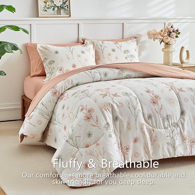 AIKASY Bed in a Bag 6 Pieces - Floral Print - Soft Microfiber, Reversible Bed Comforter Set (1 Comforter, 2 Pillow Shams, 1 Flat Sheet, 1 Fitted Sheet, 1 Pillowcases) (Sea Green, Twin)