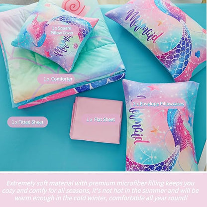RYNGHIPY Mermaid Twin Girls Bedding Set, Colorful Rainbow Kids Girls Comforter Set with Sheets Soft and Lightweight, 6 Pieces Teen Girls Bed in a Bag